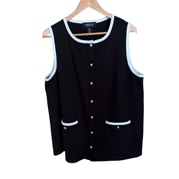 Jones & Co Women’s Black White Trim Button Down Vest Top Size 1X Office Chic - Picture 3 of 11